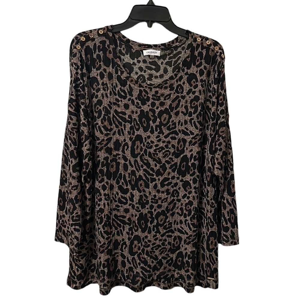 Calvin Klein Women's Brown Cheetah Print Gold Buttoned Shoulder Blouse Size 0X